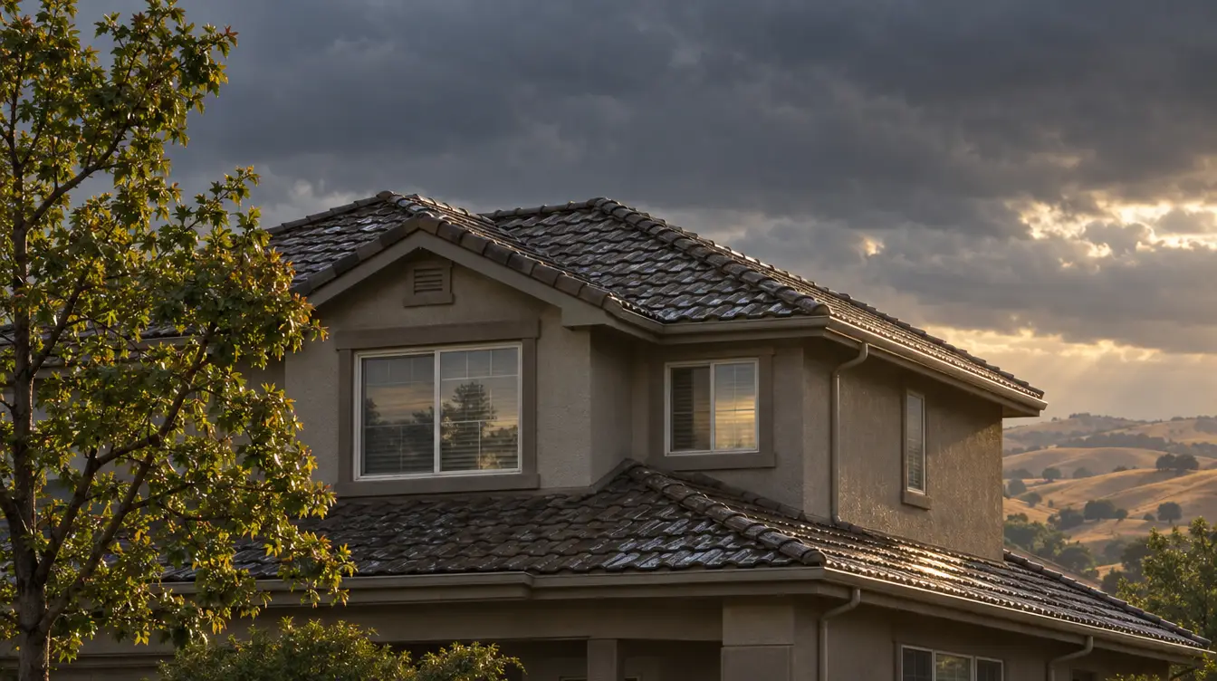 Two-story stucco home with a weathered concrete tile roof after a winter rain, storm clouds clearing over dry hills